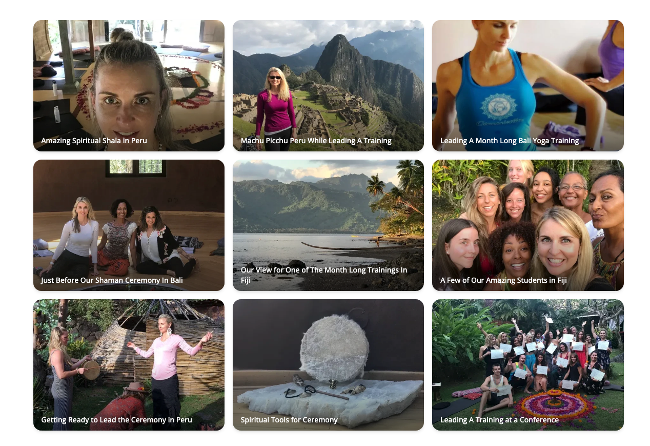 Leslie leading yoga trainings and spiritual ceremonies in Peru, Bali, and Fiji — with students from around the world